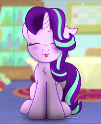 Size: 600x736 | Tagged: safe, artist:bastbrushie, derpibooru import, part of a set, starlight glimmer, pony, unicorn, :3, animated, bastbrushie is trying to kill us, carpet, chest fluff, cute, daaaaaaaaaaaw, dancing, eyes closed, female, gif, glimmerbetes, happy, hnnng, mare, silly, sitting, solo, table, tongue out