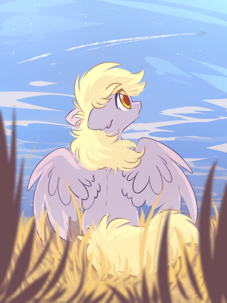 Size: 1500x2000 | Tagged: safe, artist:mirtash, derpibooru import, derpy hooves, pegasus, pony, contrail, cute, derpabetes, ear fluff, female, field, floppy ears, foreground, grass, image, looking up, mare, outdoors, plane, png, rear view, sitting, sky, solo, spread wings, wings