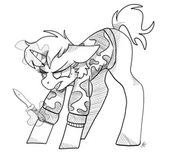 Size: 2500x2200 | Tagged: safe, artist:katyusha, derpibooru import, oc, oc:dossier, pony, unicorn, fanfic:shadow of equestria, angry, ass up, colorless, commission, commission example, female, fighting stance, knife, lineart, snarling