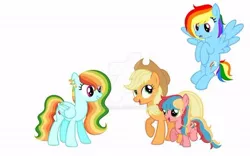 Size: 600x375 | Tagged: safe, artist:zomper666, derpibooru import, applejack, rainbow dash, oc, pegasus, appledash, base used, deviantart watermark, female, filly, lesbian, magical lesbian spawn, mare, multicolored hair, obtrusive watermark, offspring, parent:applejack, parent:rainbow dash, parents:appledash, rainbow hair, shipping, simple background, watermark, white background