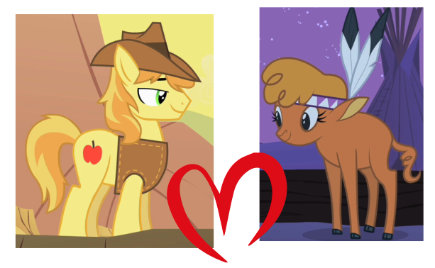 Size: 613x378 | Tagged: safe, derpibooru import, edit, edited screencap, screencap, braeburn, little strongheart, buffalo, earth pony, pony, over a barrel, braeheart, female, male, shipping, shipping domino, straight