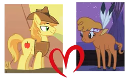 Size: 613x378 | Tagged: safe, derpibooru import, edit, edited screencap, screencap, braeburn, little strongheart, buffalo, earth pony, pony, over a barrel, braeheart, female, male, shipping, shipping domino, straight