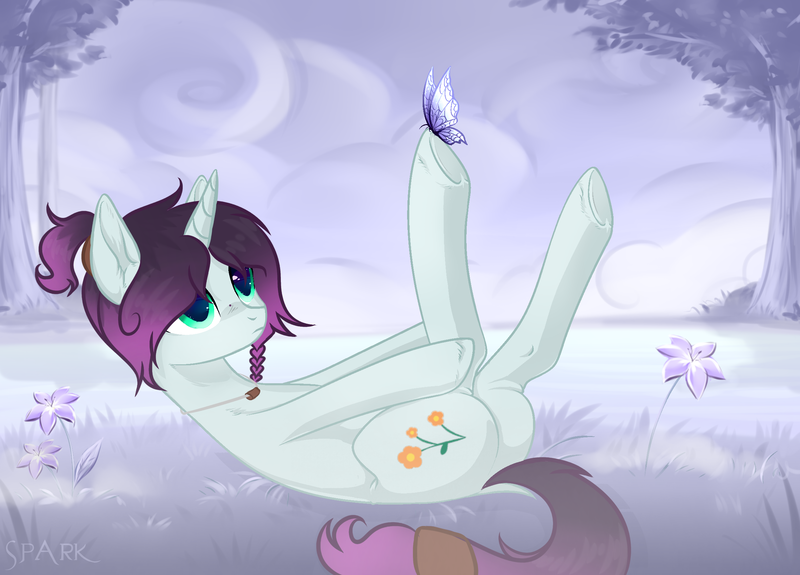 Size: 2364x1700 | Tagged: safe, artist:kim0508, artist:sparkling_light, derpibooru import, oc, oc:flora aura, unofficial characters only, butterfly, pony, unicorn, commission, cute, dock, female, flower, fog, grass, jewelry, legs in air, mare, necklace, on back, solo, tree, underhoof, ych result