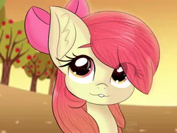 Size: 1600x1200 | Tagged: safe, artist:janelearts, derpibooru import, apple bloom, earth pony, pony, adorabloom, apple, apple bloom's bow, apple tree, bow, bust, cute, eye clipping through hair, food, hair bow, looking up, portrait, solo, tree