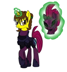 Size: 780x834 | Tagged: safe, artist:thesuitkeeper89, derpibooru import, fizzlepop berrytwist, tempest shadow, oc, oc:leria, unicorn, armor, bodysuit, broken horn, disguise, female, grin, horn, magic, magic aura, mask, masking, movie, ponysuit, simple background, smiling, smiling at you, transparent background