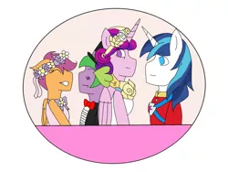 Size: 2048x1536 | Tagged: safe, artist:mintymelody, derpibooru import, princess cadance, scootaloo, shining armor, spike, anthro, a canterlot wedding, bride, clothes, digital art, dress, female, flower filly, flower girl, flower girl dress, hat, male, marriage, scootaspike, shipping, straight, suit, top hat, tuxedo, wedding, wedding dress