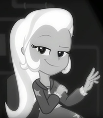 Size: 210x240 | Tagged: safe, derpibooru import, screencap, trixie, equestria girls, equestria girls series, rarity investigates: the case of the bedazzled boot, clothes, cropped, female, grayscale, monochrome, solo