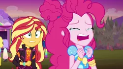 Size: 1920x1080 | Tagged: safe, derpibooru import, screencap, pinkie pie, snow flower, sunset shimmer, equestria girls, equestria girls series, sunset's backstage pass!, spoiler:eqg series (season 2), music festival outfit, pinkie cry