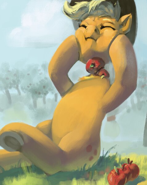 Size: 3009x3781 | Tagged: safe, artist:toisanemoif, derpibooru import, applejack, earth pony, pony, apple, detachable head, disembodied head, female, food, frog (hoof), headless, mare, modular, sitting, solo, underhoof, wat