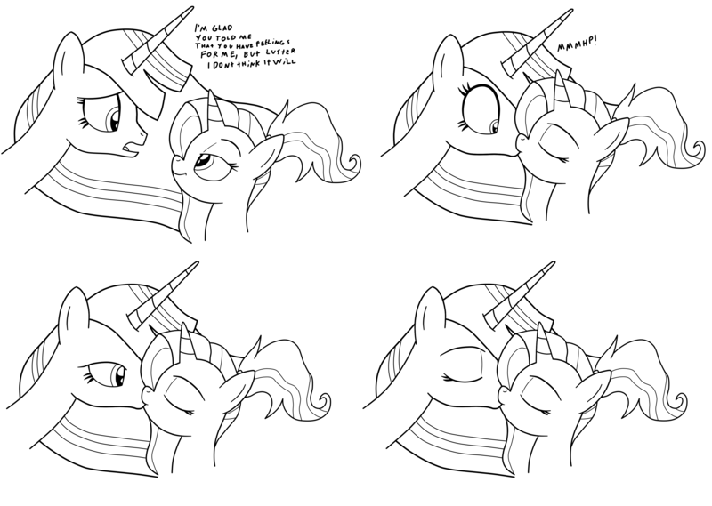 Size: 4489x3191 | Tagged: safe, artist:eagc7, derpibooru import, luster dawn, princess twilight 2.0, twilight sparkle, twilight sparkle (alicorn), alicorn, unicorn, the last problem, black and white, comic, dialogue, duo, eyes closed, female, grayscale, kissing, lesbian, lusterlight, monochrome, older, older twilight, shipping, simple background, smiling, surprise kiss