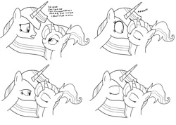 Size: 4489x3191 | Tagged: safe, artist:eagc7, derpibooru import, luster dawn, princess twilight 2.0, twilight sparkle, twilight sparkle (alicorn), alicorn, unicorn, the last problem, black and white, comic, dialogue, duo, eyes closed, female, grayscale, kissing, lesbian, lusterlight, monochrome, older, older twilight, shipping, simple background, smiling, surprise kiss