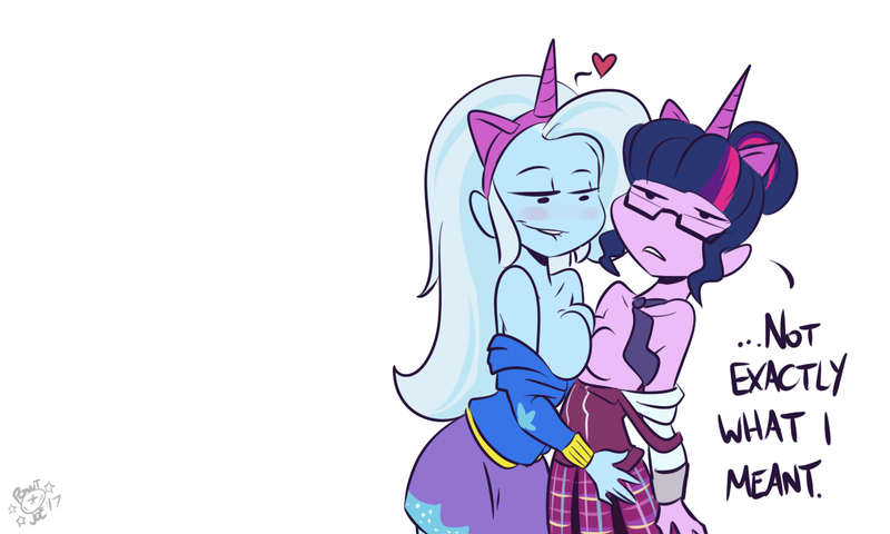Size: 1280x768 | Tagged: questionable, artist:ponut_joe, derpibooru import, edit, sci-twi, trixie, twilight sparkle, equestria girls, bedroom eyes, blushing, breasts, cropped, exposed breasts, female, lesbian, lip bite, sci-twixie, shipping, symmetrical docking, twixie, undressing