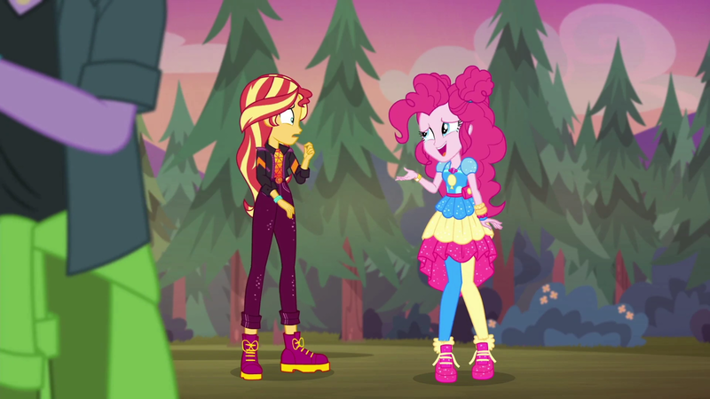 Size: 1600x900 | Tagged: safe, derpibooru import, screencap, duke suave, pinkie pie, sunset shimmer, equestria girls, equestria girls series, sunset's backstage pass!, spoiler:eqg series (season 2), clothes, dress, jacket, music festival outfit, pants, shoes, sneakers