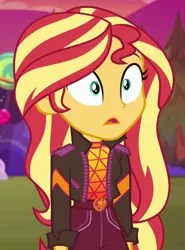 Size: 743x1003 | Tagged: safe, derpibooru import, screencap, sunset shimmer, equestria girls, equestria girls series, sunset's backstage pass!, spoiler:eqg series (season 2), cropped, geode of empathy, image, magical geodes, music festival outfit, png, shrunken pupils, solo