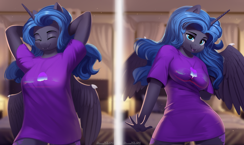 Size: 1920x1145 | Tagged: adorasexy, alicorn, alternate hairstyle, anthro, artist:discordthege, breasts, busty nightmare moon, clothes, cute, cute little fangs, derpibooru import, eyes closed, fangs, female, happy, looking at you, moonabetes, nicemare moon, nightmare moon, pajamas, pajamas challenge, safe, sexy, shirt, smiling, solo, spread wings, synthwave, t-shirt, vaporwave, wings