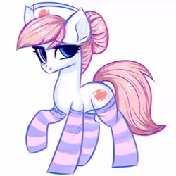 Size: 1300x1300 | Tagged: safe, artist:hydrargyrum, derpibooru import, nurse redheart, earth pony, pony, clothes, cute, female, heartabetes, mare, simple background, socks, solo, striped socks, thigh highs, white background