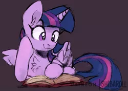 Size: 938x665 | Tagged: safe, artist:shibaroll, deleted from derpibooru, derpibooru import, twilight sparkle, twilight sparkle (alicorn), alicorn, pony, black background, book, chest fluff, cute, ear fluff, female, mare, prone, reading, simple background, solo, twiabetes