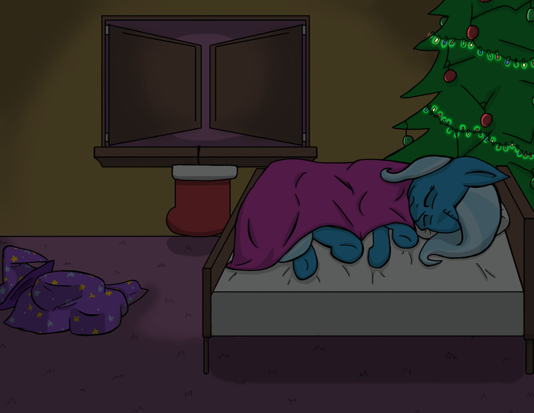 Size: 1650x1275 | Tagged: safe, artist:kingpincc, derpibooru import, trixie, pony, unicorn, bed, christmas, christmas lights, christmas stocking, christmas tree, female, frown, holiday, lying down, mare, sad, sleeping, solo, tree, under the covers, window