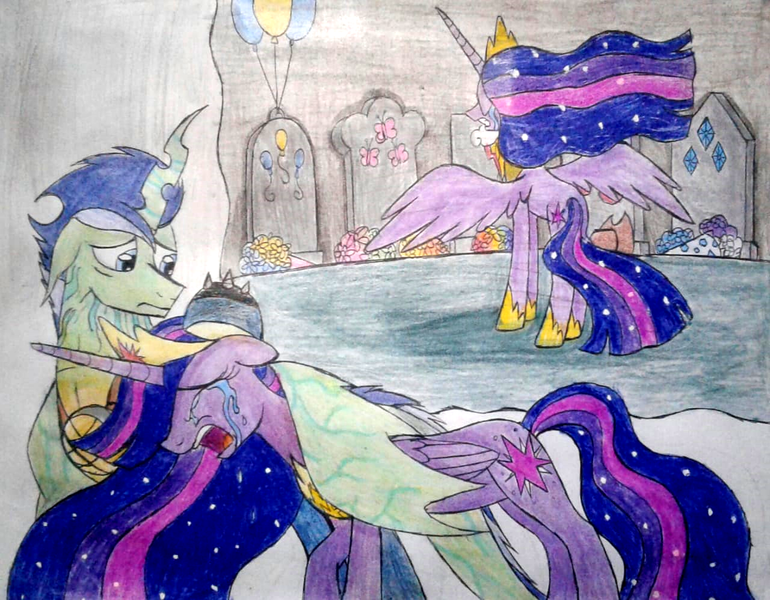 Size: 1158x902 | Tagged: safe, artist:mlptmntdisneykauane, derpibooru import, princess twilight 2.0, twilight sparkle, twilight sparkle (alicorn), ponified, alicorn, pony, the last problem, crossover, crown, crying, duo, eyes closed, female, gravestone, immortality blues, jewelry, leonardo, male, mare, regalia, sad, stallion, story in the source, story included, tears of sadness, teary eyes, teenage mutant ninja turtles, tiara, tmnt mutant apocalypse, traditional art, twilight will outlive her friends