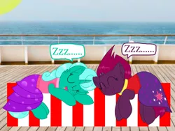 Size: 1440x1080 | Tagged: safe, artist:rainbow eevee edits, artist:徐詩珮, derpibooru import, fizzlepop berrytwist, glitter drops, tempest shadow, pony, unicorn, series:sprglitemplight diary, series:sprglitemplight life jacket days, series:springshadowdrops diary, series:springshadowdrops life jacket days, alternate universe, broken horn, cute, eyes closed, female, glitterbetes, glittershadow, horn, lesbian, nap, onomatopoeia, paw patrol, shipping, sleeping, sound effects, tempestbetes, zzz