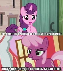 Size: 1280x1440 | Tagged: safe, derpibooru import, edit, edited screencap, screencap, cheerilee, sugar belle, earth pony, pony, unicorn, crusaders of the lost mark, hard to say anything, bitch, caption, dialogue, female, image macro, mare, meme, passive aggressive, raised hoof, smiling, smirk, text, underhoof