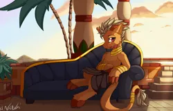 Size: 4754x3043 | Tagged: safe, alternate version, artist:avery-valentine, derpibooru import, oc, oc:orobas, unofficial characters only, dracony, dragon, hybrid, pony, bracelet, claws, couch, egyptian, horns, jewelry, loincloth, male, neck rings, signature, sitting, solo, stallion, tongue out