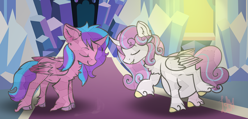 Size: 1268x608 | Tagged: safe, artist:kiwi4578, derpibooru import, princess flurry heart, oc, oc:melody aurora, alicorn, crystal pony, pony, alicorn oc, bonding, cousins, crystallized, curved horn, duo, duo female, eyes closed, female, horn, multiple pregnancy, offspring, parent:flash sentry, parent:twilight sparkle, parents:flashlight, pregnant, raised hoof, wings