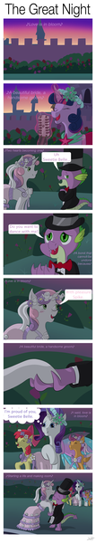 Size: 1358x7639 | Tagged: safe, artist:thebenalpha, derpibooru import, apple bloom, rarity, scootaloo, spike, sweetie belle, twilight sparkle, a canterlot wedding, blushing, canterlot gardens, clothes, comic, dancing, dress, female, flower filly, flower girl, flower girl dress, hat, love is in bloom, male, marriage, shipping, spikebelle, straight, top hat, tuxedo, waltz, wedding, wedding dress