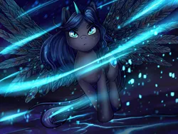 Size: 1600x1200 | Tagged: safe, artist:iimd, derpibooru import, oc, oc:nyx, unofficial characters only, alicorn, pony, blue fire, epic, fire, inferno, majestic, spread wings, wings