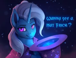 Size: 750x573 | Tagged: safe, artist:rodrigues404, derpibooru import, edit, trixie, pony, unicorn, cape, clothes, dialogue, female, hat, looking at you, mare, solo, space background, still frame, text, trixie's cape, trixie's hat