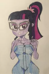 Size: 1535x2316 | Tagged: suggestive, artist:agent8, derpibooru import, sci-twi, twilight sparkle, equestria girls, bedroom eyes, big breasts, breasts, busty sci-twi, busty twilight sparkle, clothes, jeans, looking at you, pants, solo, traditional art