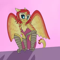 Size: 2250x2250 | Tagged: safe, alternate version, artist:suchosophie, derpibooru import, sunset shimmer, anthro, avian, harpy, monster pony, original species, equestria girls, alternate universe, black sclera, chest tuft, crouching, ear tufts, feather, rooftop, shadow, simple background, solo, sunset, talons