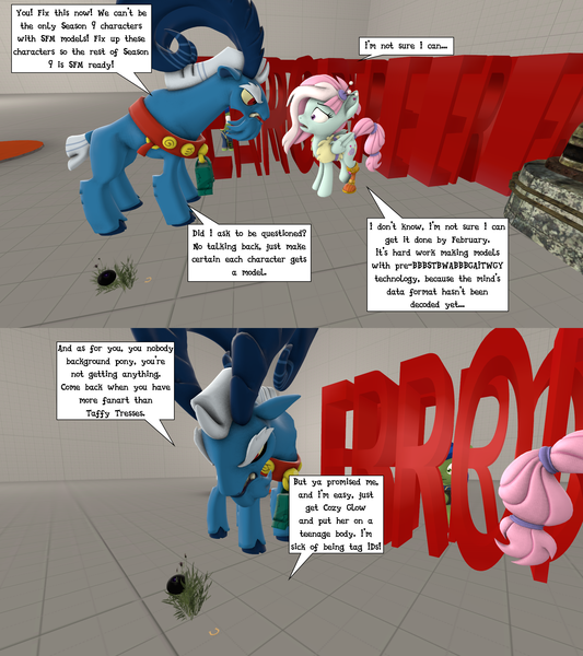 Size: 1920x2160 | Tagged: safe, artist:wiimeiser, derpibooru import, grogar, kerfuffle, taffy tresses, oc, oc:scotch tape, earth pony, pegasus, spoiler:s09, 3d, 8-ball, alfalfa, amputee, celestia redux, comic, error, prosthetic leg, prosthetic limb, prosthetics, sfm stage, source filmmaker, speech bubble, wiimeiser complaining about sfm models