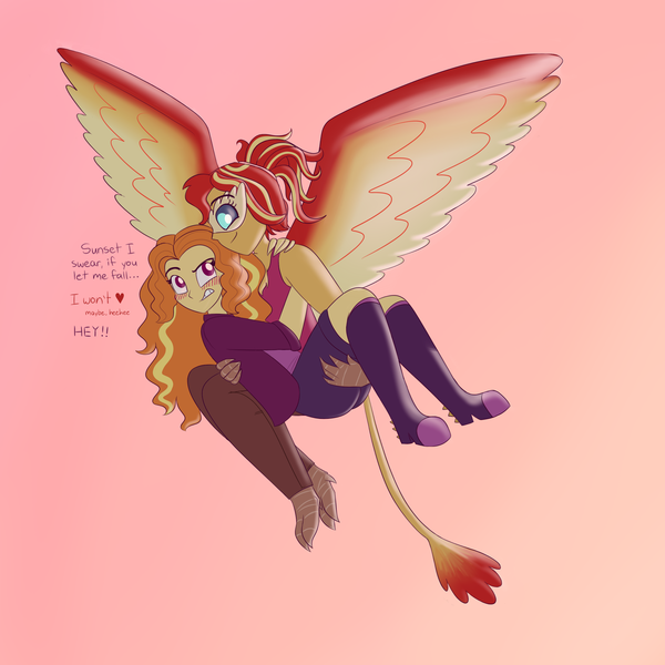Size: 2250x2250 | Tagged: safe, artist:suchosophie, derpibooru import, adagio dazzle, sunset shimmer, anthro, avian, harpy, human, monster pony, original species, equestria girls, blushing, bridal carry, carrying, dialogue, feather, female, flirting, floating heart, flying, heart, holding on, lesbian, ponytail, shipping, sunsagio, sunset, text
