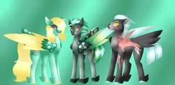 Size: 4891x2394 | Tagged: safe, artist:clay-bae, derpibooru import, thunderlane, zephyr breeze, oc, oc:hotspot, pegasus, pony, alternate design, colored hooves, colored wings, eye scar, family, feathered fetlocks, featherless wings, gay, green background, hair over one eye, high res, magical gay spawn, male, offspring, parents:zephyrlane, scar, shipping, simple background, stallion, tail feathers, trio, wings, zephyrlane