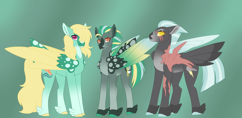 Size: 4891x2394 | Tagged: safe, artist:clay-bae, derpibooru import, thunderlane, zephyr breeze, oc, oc:hotspot, unofficial characters only, pegasus, pony, alternate design, colored hooves, colored wings, eye scar, family, feathered fetlocks, featherless wings, gay, green background, hair over one eye, magical gay spawn, male, offspring, parents:zephyrlane, scar, shipping, simple background, stallion, tail feathers, trio, wings, zephyrlane