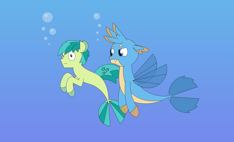 Size: 5197x3173 | Tagged: artist:gd_inuk, bubble, derpibooru import, duo, fin wings, gallus, gallus is not amused, gradient background, high res, male, safe, sandbar, seaponified, seapony (g4), seapony gallus, seapony sandbar, species swap, surprised, unamused, underwater, wings