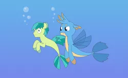 Size: 5197x3173 | Tagged: artist:gd_inuk, bubble, derpibooru import, duo, fin wings, gallus, gallus is not amused, gradient background, high res, male, safe, sandbar, seaponified, seapony (g4), seapony gallus, seapony sandbar, species swap, surprised, unamused, underwater, wings