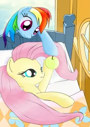 Size: 2893x4092 | Tagged: safe, artist:joycat, derpibooru import, fluttershy, rainbow dash, pony, apple, bed, blanket, female, flutterdash, food, lesbian, shipping