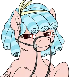 Size: 3770x4229 | Tagged: safe, alternate version, artist:poniidesu, derpibooru import, cozy glow, pegasus, pony, /mlp/, bedroom eyes, bit, blushing, bondage, bow, bridle, bust, cozy glow is not amused, cozybetes, cozybuse, cute, female, filly, foal, looking at you, reins, simple background, solo, tack, transparent background