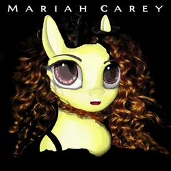 Size: 1278x1278 | Tagged: safe, artist:eris azure, derpibooru import, oc, unofficial characters only, earth pony, pony, 1990, album, album cover, black background, blonde hair, blonde mane, bust, curly hair, curly mane, eye open, eyeshadow, makeup, mariah carey, photoshop, red eyes, simple background, solo