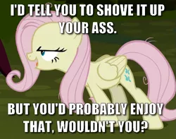 Size: 681x537 | Tagged: caption, clone, cropped, derpibooru import, edit, edited screencap, flutterbitch, fluttershy, image macro, mean fluttershy, meme, safe, screencap, solo, text, the mean 6, vulgar