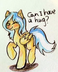 Size: 544x668 | Tagged: safe, artist:asktracyflash, artist:tracymod, derpibooru import, tracy flash, pegasus, pony, blushing, bronybait, cute, eyes closed, hug request, missing cutie mark, raised hoof, simple background, smiling, solo, traditional art