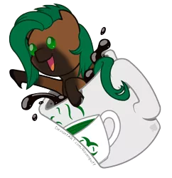 Size: 1686x1743 | Tagged: safe, artist:ravenpuff, deleted from derpibooru, derpibooru import, oc, oc:caffeine hazard, pony, chibi, coffee mug, cup, cup of pony, female, mare, micro, mug, simple background, solo, transparent background