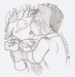 Size: 621x638 | Tagged: safe, artist:ravenpuff, deleted from derpibooru, derpibooru import, oc, oc:caesar, oc:good fortune, anthro, unicorn, zebra, clothes, gay, kissing, male, monochrome, traditional art, zebra oc