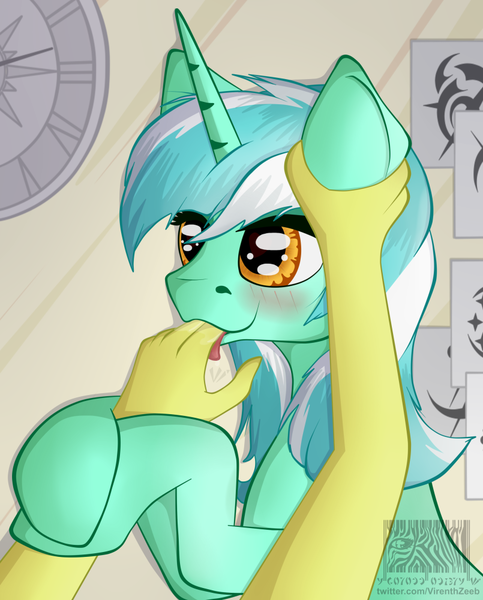 Size: 805x1001 | Tagged: safe, artist:virenth, derpibooru import, lyra heartstrings, unicorn, drool, ear grab, fetish, finger in mouth, hand, hand fetish, that pony sure does love hands, watermark
