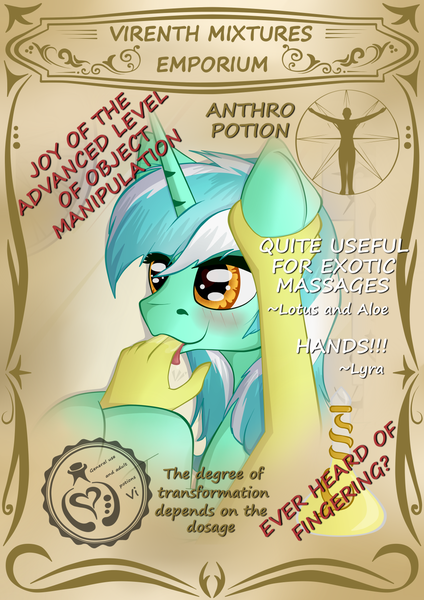 Size: 1050x1485 | Tagged: safe, alternate version, artist:virenth, derpibooru import, lyra heartstrings, pony, unicorn, comic:virenth mixtures emporium, blushing, drool, ear grab, female, fetish, finger in mouth, finger sucking, hand, hand fetish, mare, offscreen character, potion, that pony sure does love hands