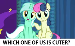 Size: 1280x800 | Tagged: safe, derpibooru import, edit, edited screencap, screencap, bon bon, lyra heartstrings, sweetie drops, earth pony, pony, unicorn, grannies gone wild, adorabon, best friends, booth, bronybait, cute, duo, duo female, female, grin, head tilt, looking at you, lyrabetes, mare, open mouth, question, raised hoof, sitting, smiling, squee