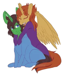 Size: 810x986 | Tagged: alicorn, alicorn oc, artist:grimmjawls, bodysuit, catsuit, couple, derpibooru import, eyes closed, female, hippie, horn, hug, hug from behind, latex, latex suit, male, oc, oc:aspen, oc:ryan, peace suit, peace symbol, rubber suit, ryspen, safe, simple background, smiling, straight, transparent background, wings