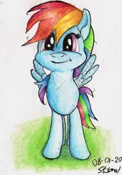 Size: 1211x1728 | Tagged: safe, artist:stjonal, derpibooru import, rainbow dash, pegasus, pony, cute, dashabetes, simple background, smiley face, solo, traditional art, watercolour, wings